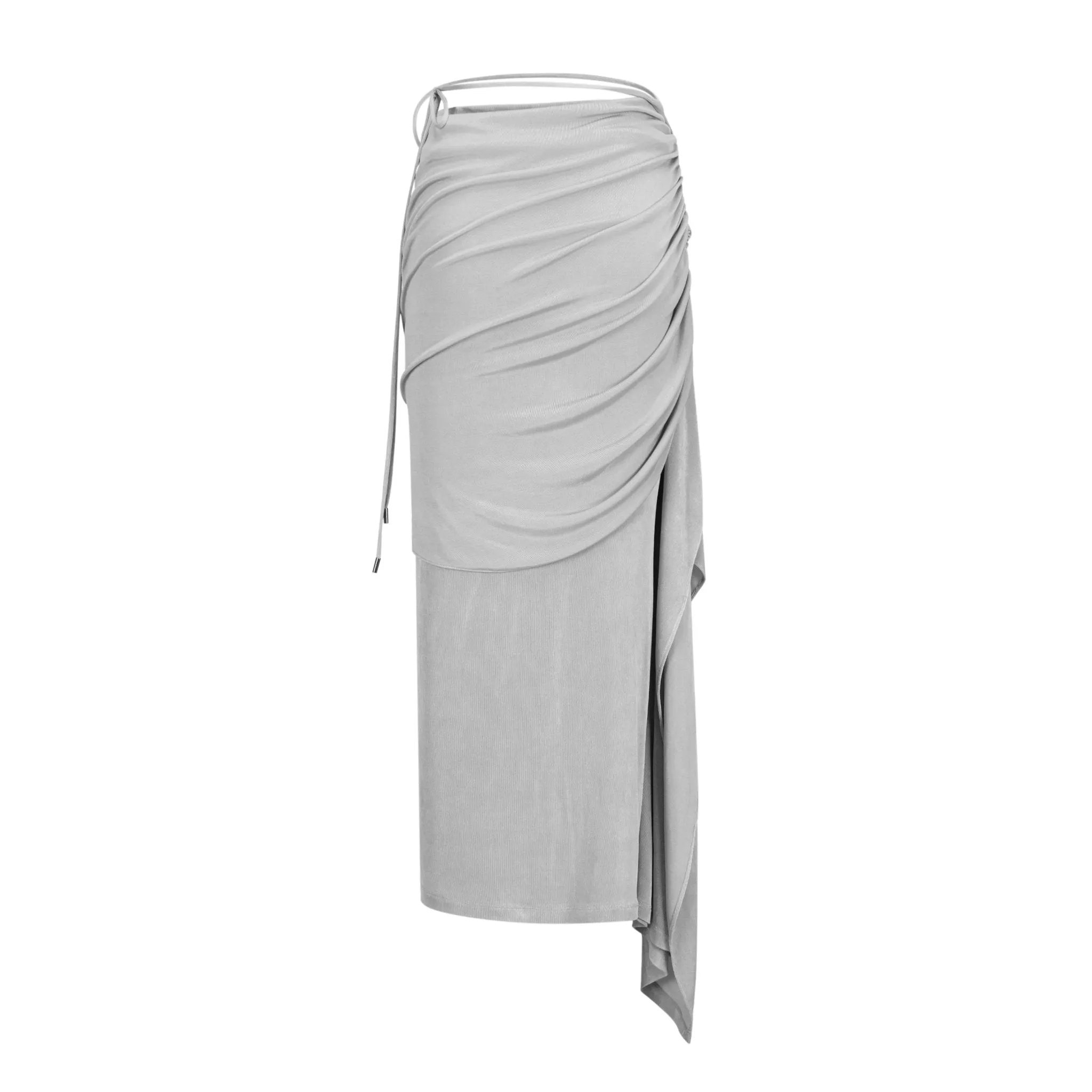 Asymmetric Pleated Draped Maxi Skirt in Grey