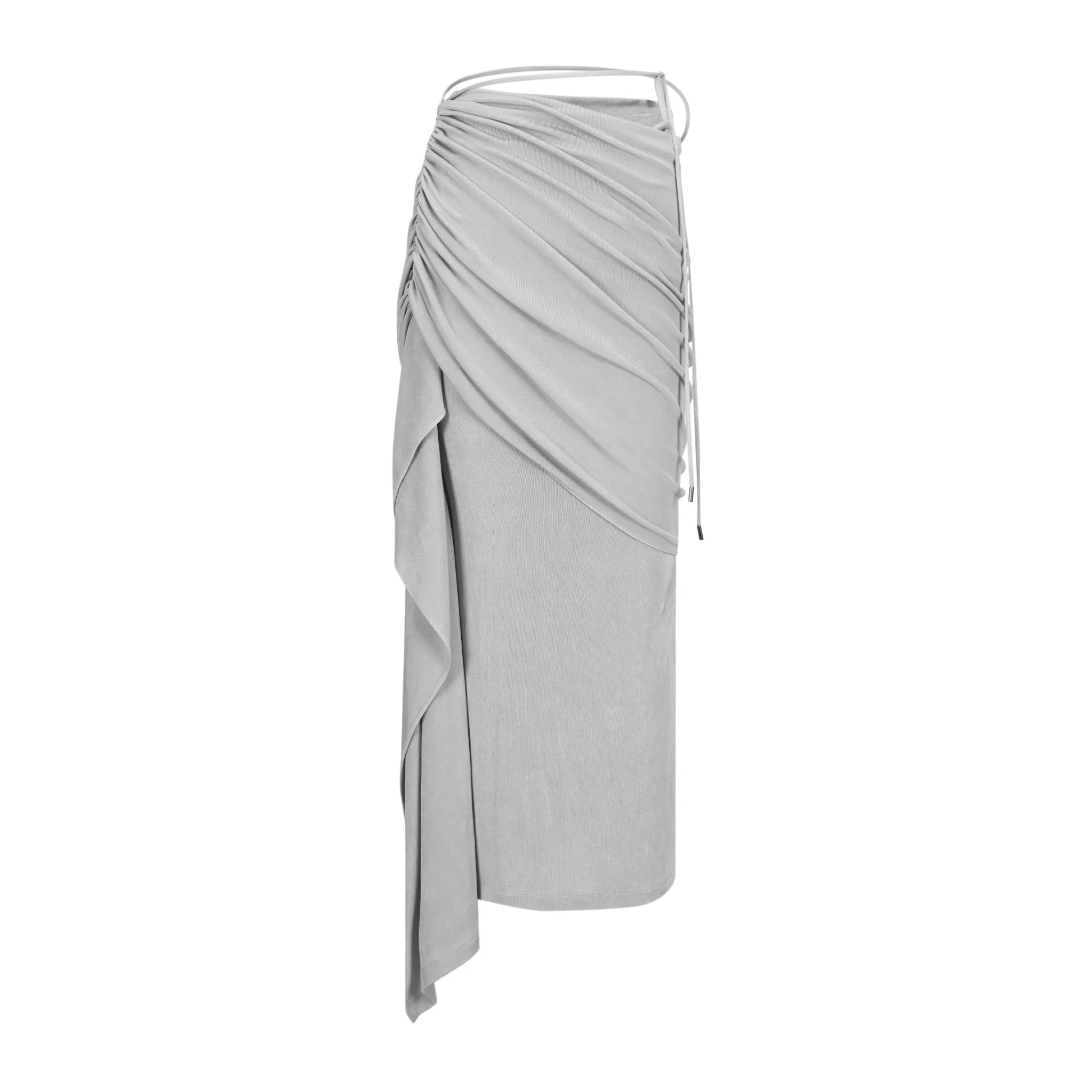 Asymmetric Pleated Draped Maxi Skirt in Grey