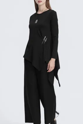 Asymmetrical black long sleeves top 5596