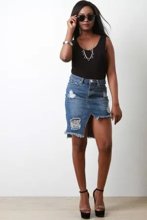 Asymmetrical Distress Denim Skirt