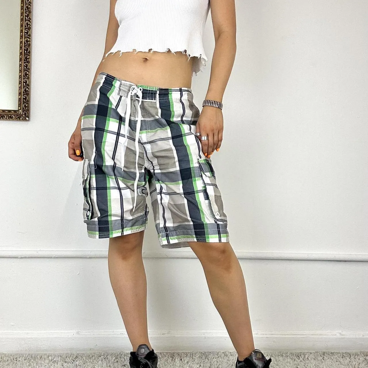 baggy checkered board shorts