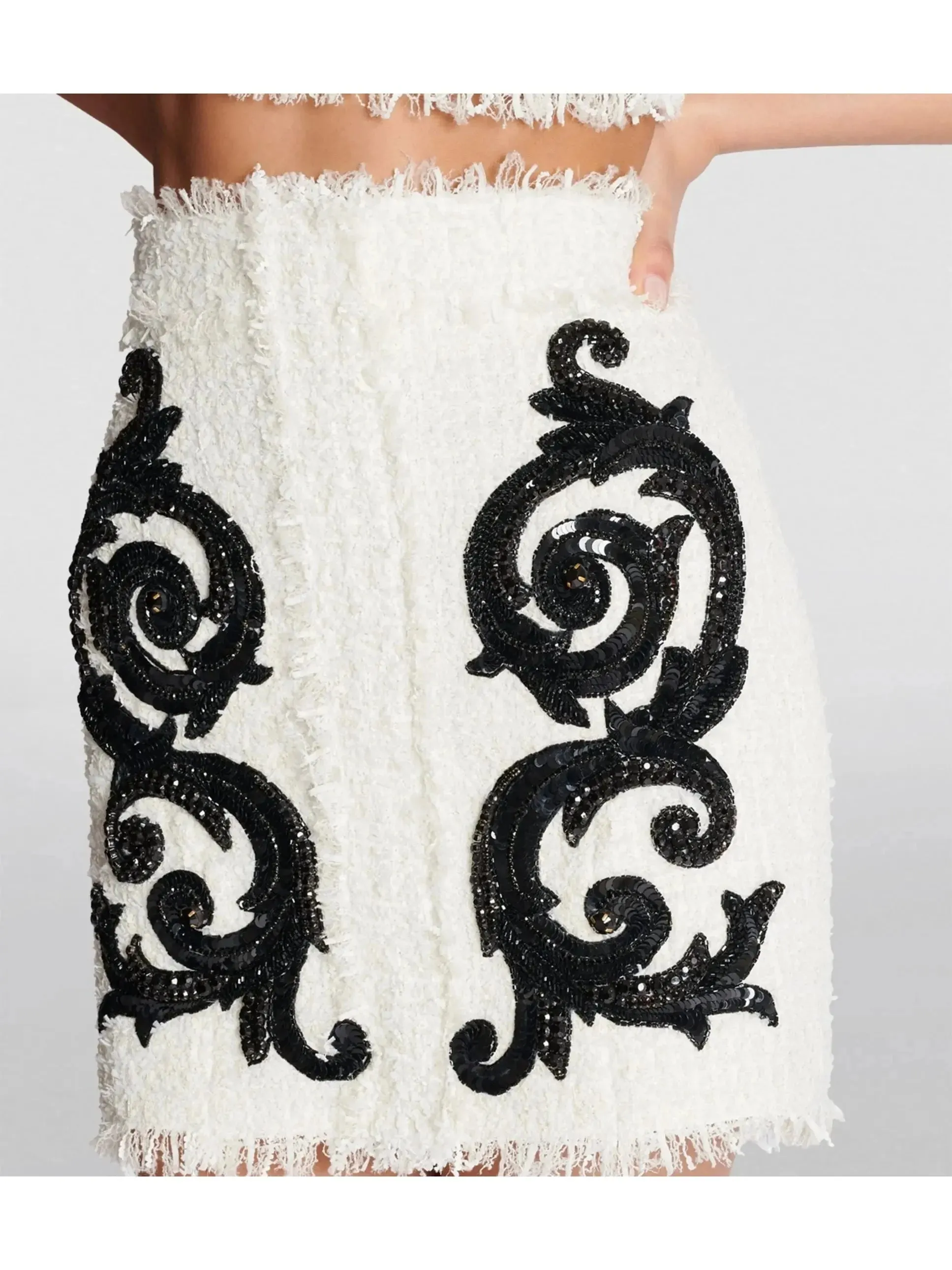 Black and White Paisley Tweed Skirt with Sequin Embroidery