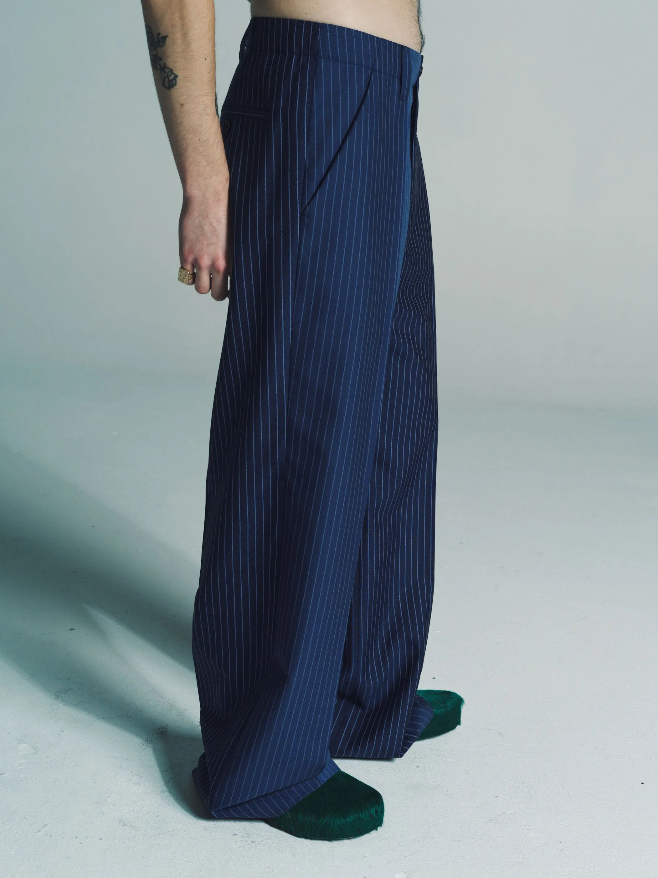 Blue Pinstripe Wool Two-Tone Trousers