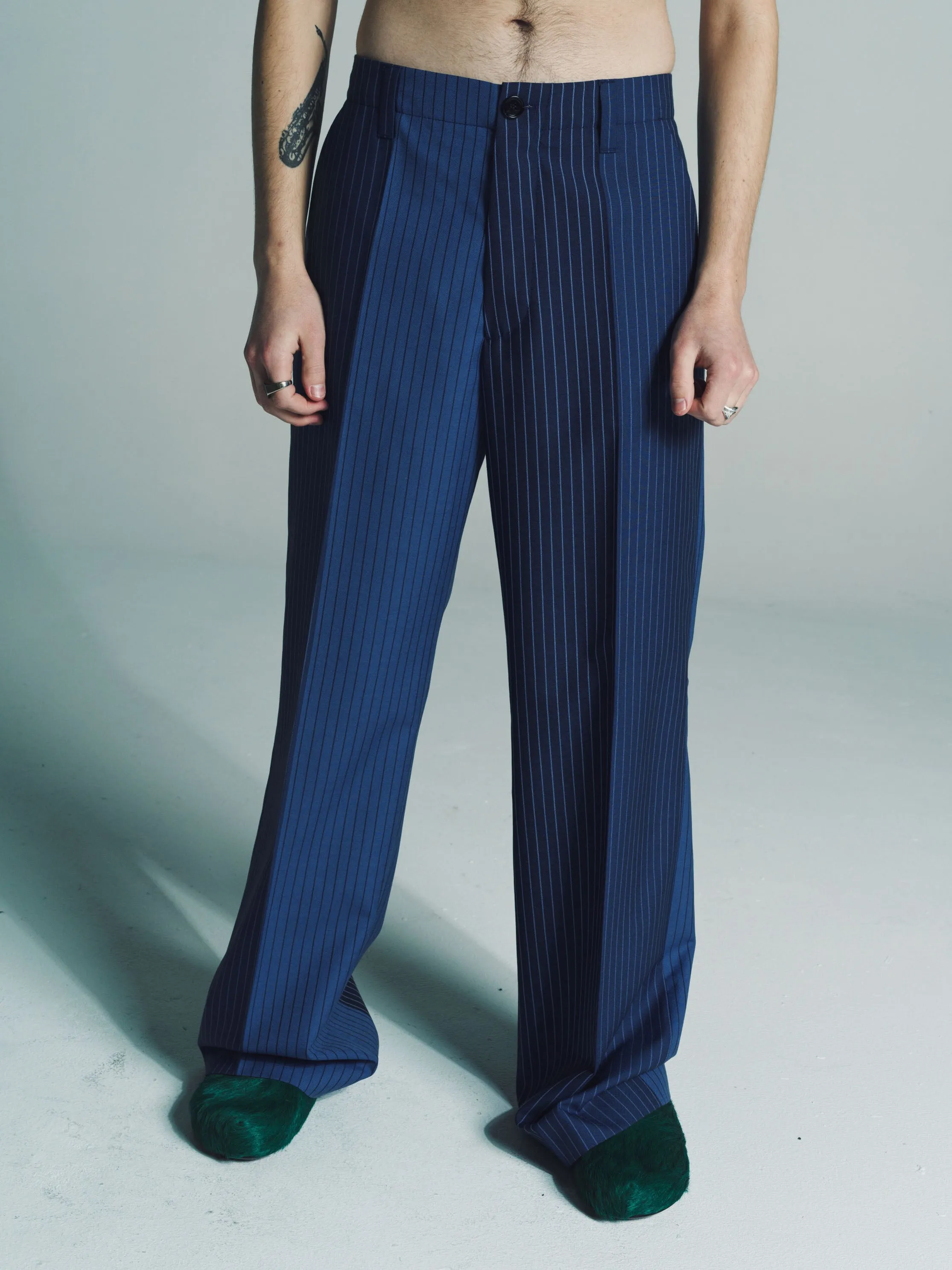 Blue Pinstripe Wool Two-Tone Trousers