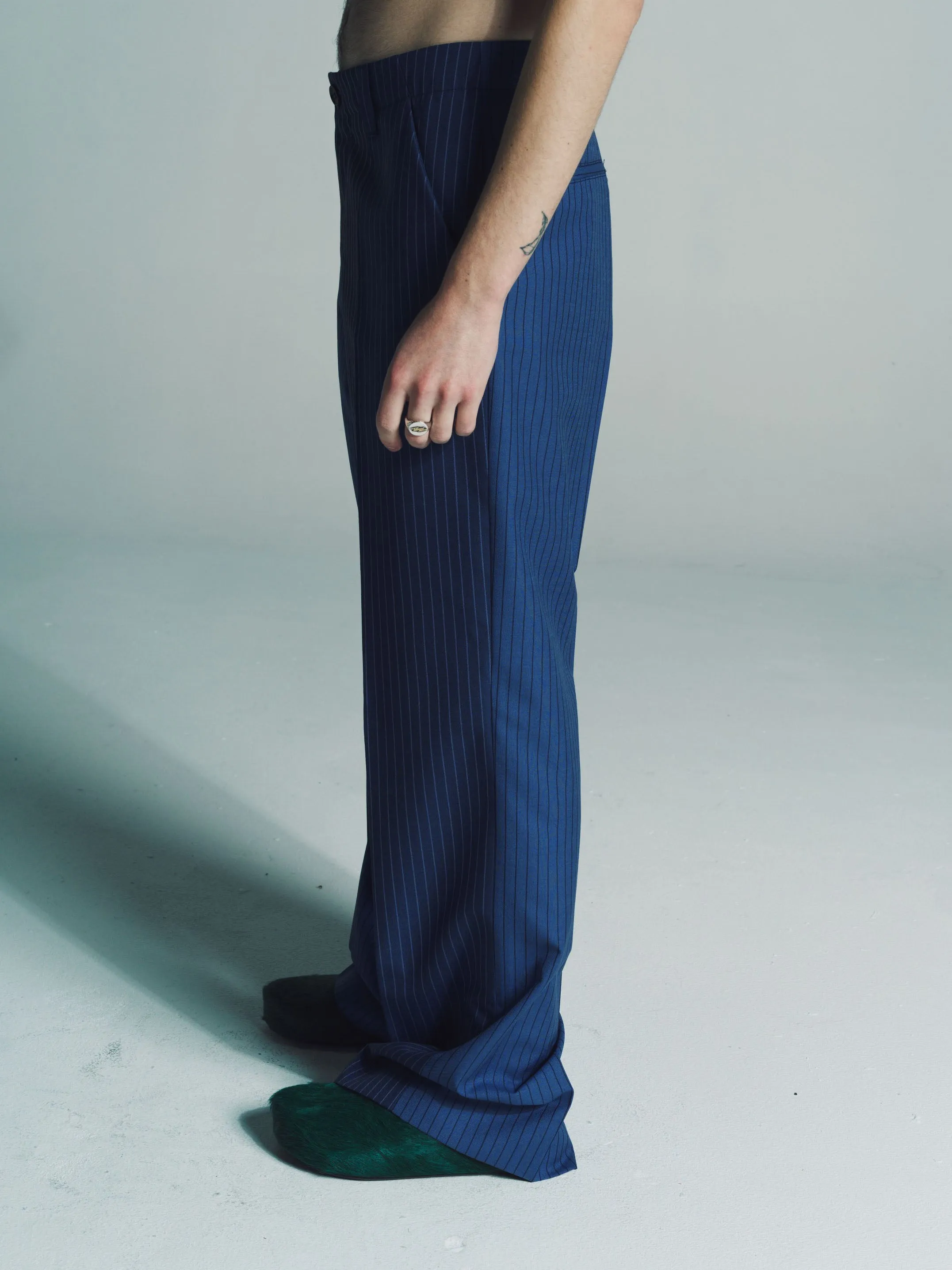 Blue Pinstripe Wool Two-Tone Trousers