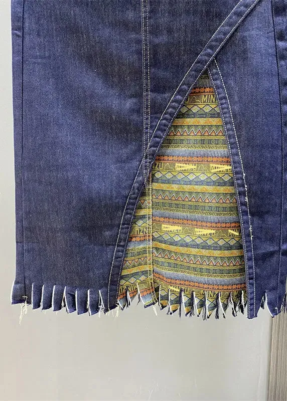 Boutique Navy Asymmetrical Print Patchwork Tassel Denim Skirts ML0728