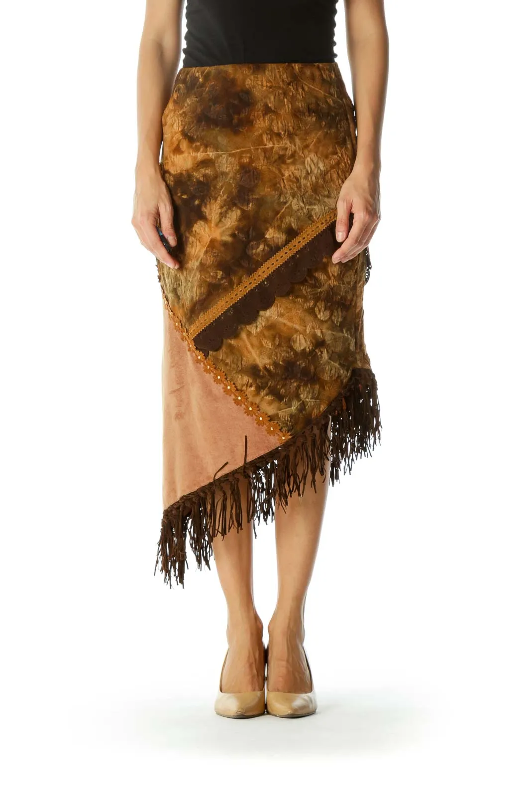 Brown Beige Fringe Floral Jacquard Faux-Suede Mixed-Media Stretch Asymmetrical Skirt