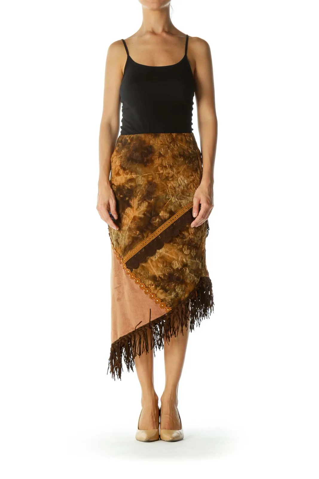 Brown Beige Fringe Floral Jacquard Faux-Suede Mixed-Media Stretch Asymmetrical Skirt