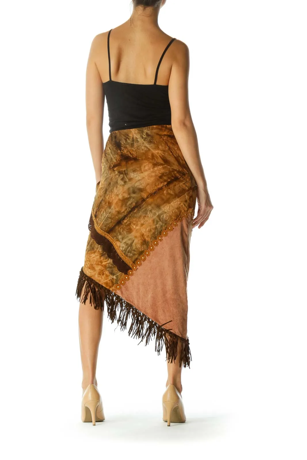 Brown Beige Fringe Floral Jacquard Faux-Suede Mixed-Media Stretch Asymmetrical Skirt