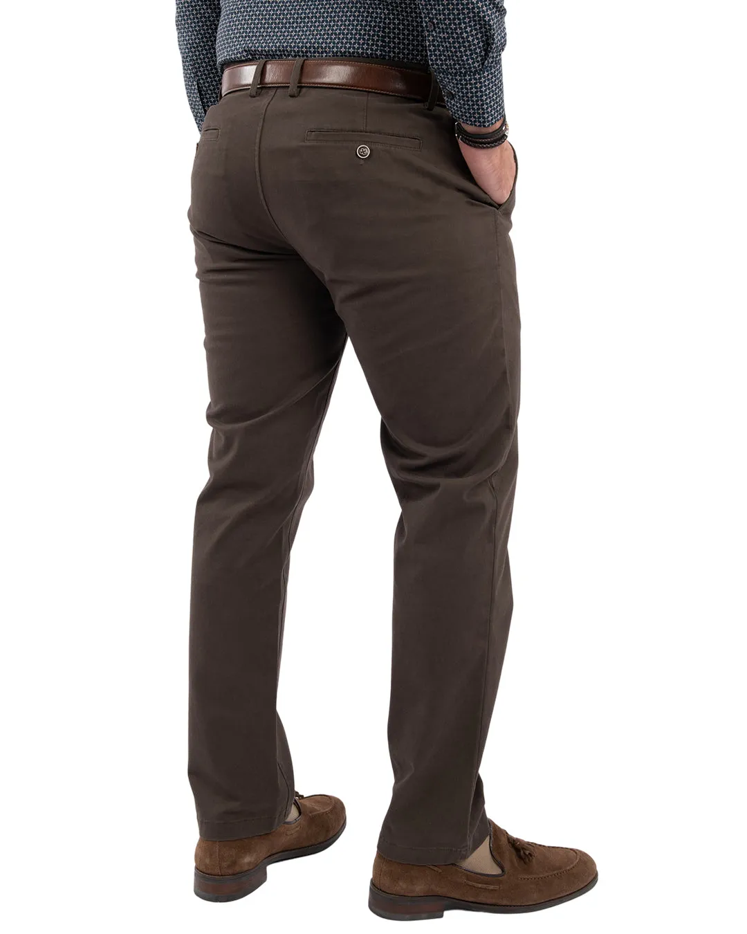 Brown Brushed Cotton Stretch Twill Chino Trousers