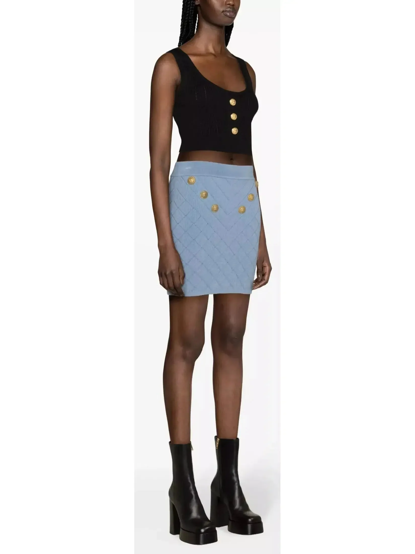 Button-Embellished Knit Mini Skirt, Blue