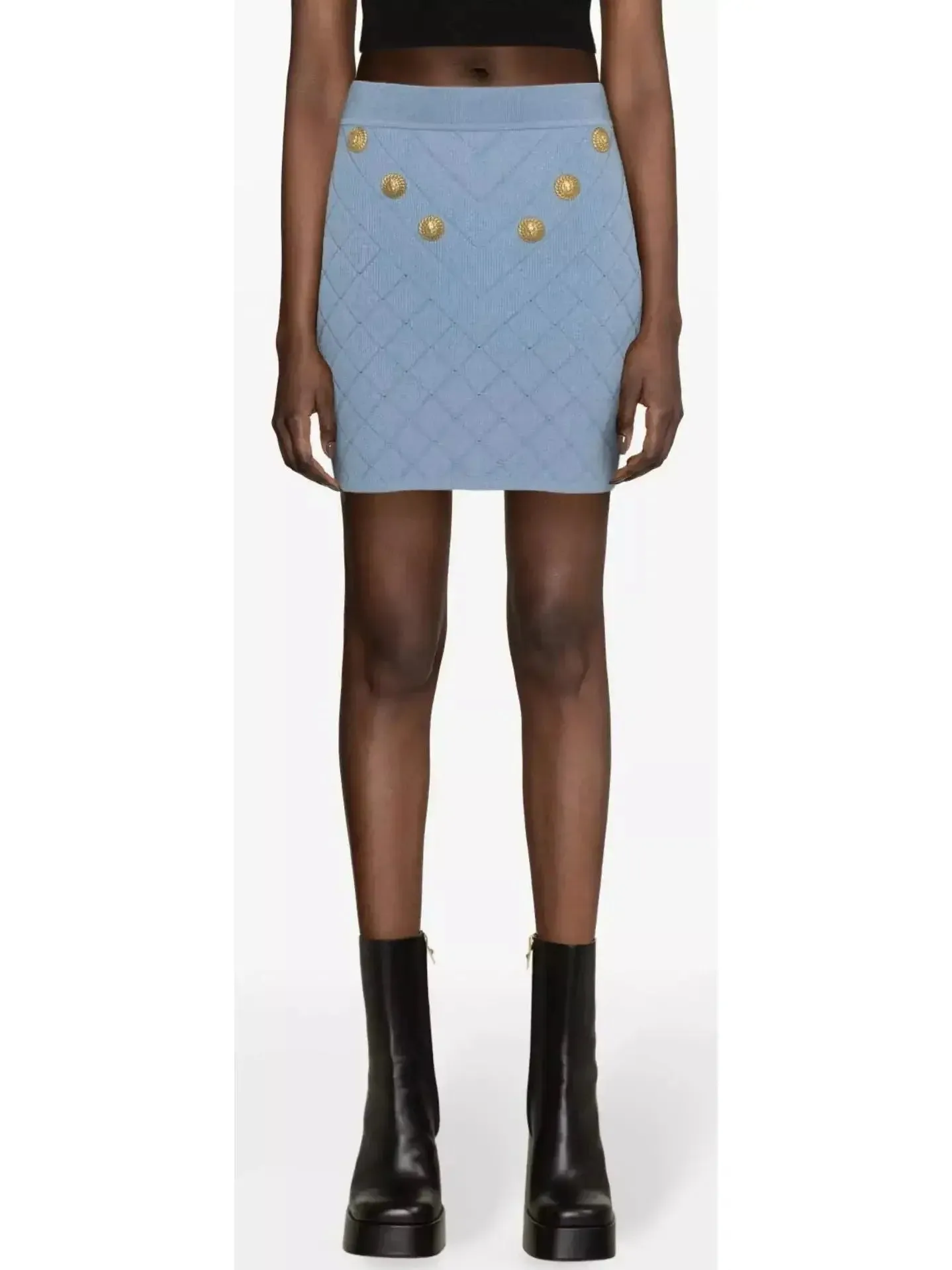 Button-Embellished Knit Mini Skirt, Blue