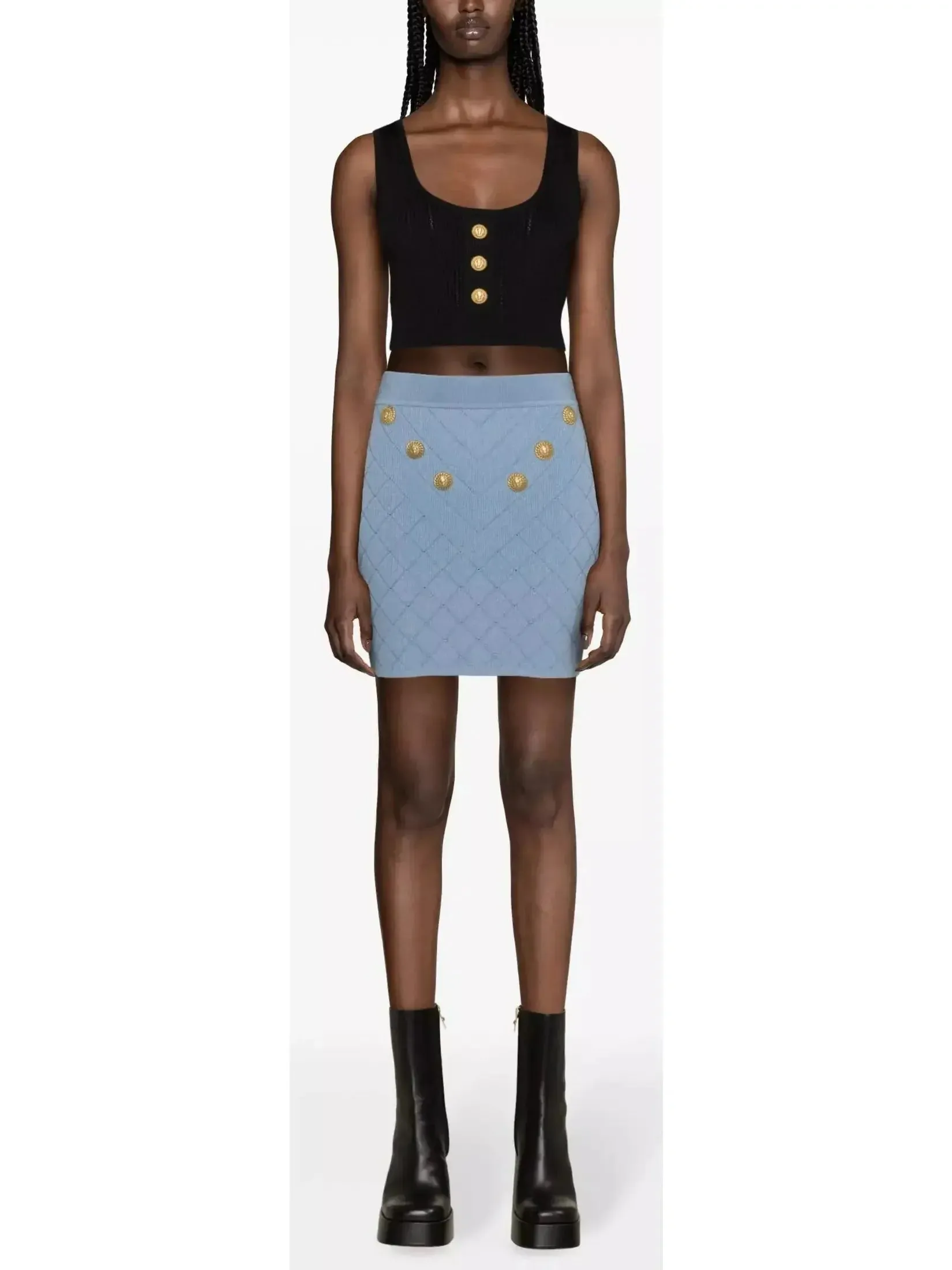 Button-Embellished Knit Mini Skirt, Blue