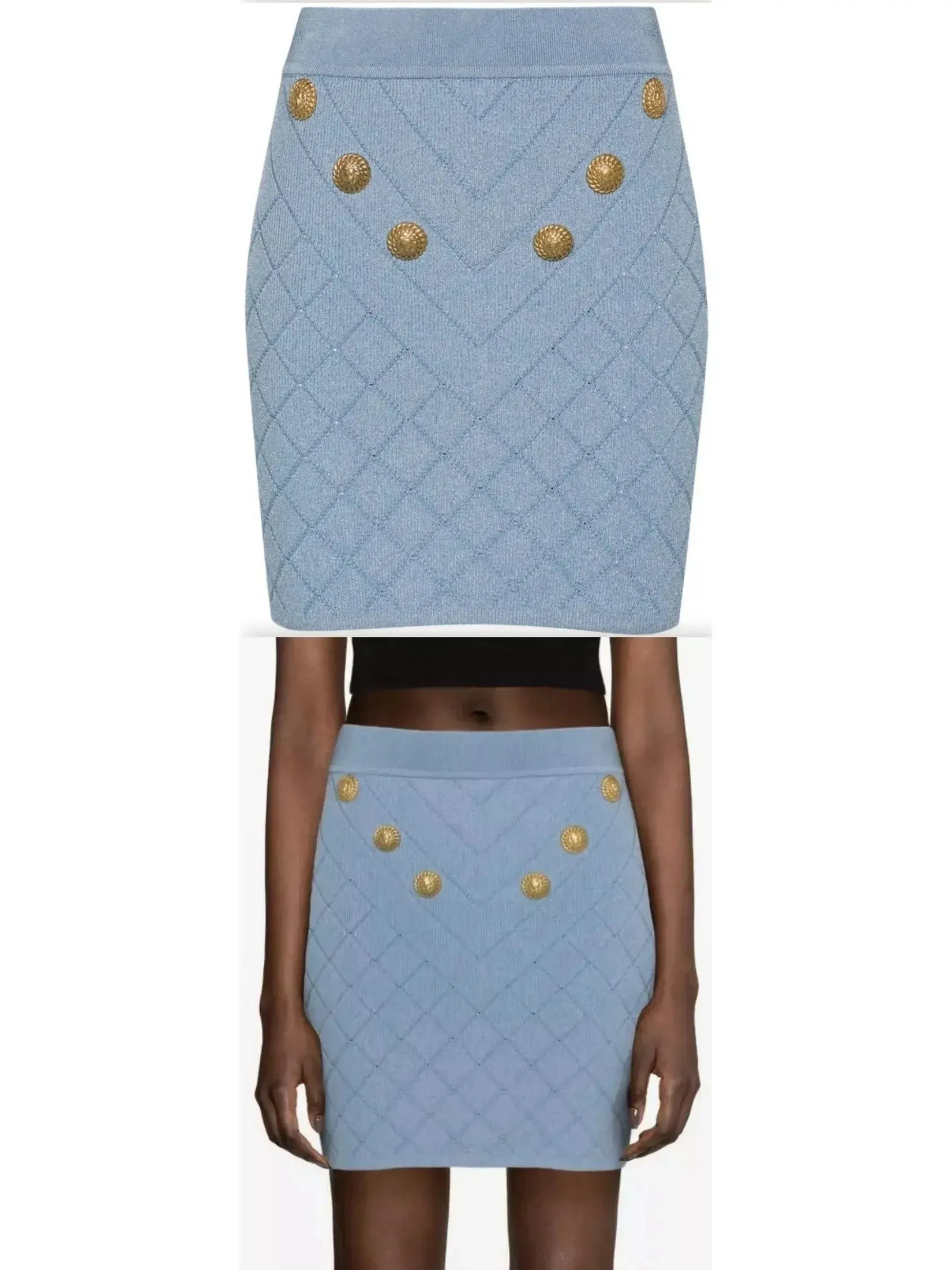 Button-Embellished Knit Mini Skirt, Blue