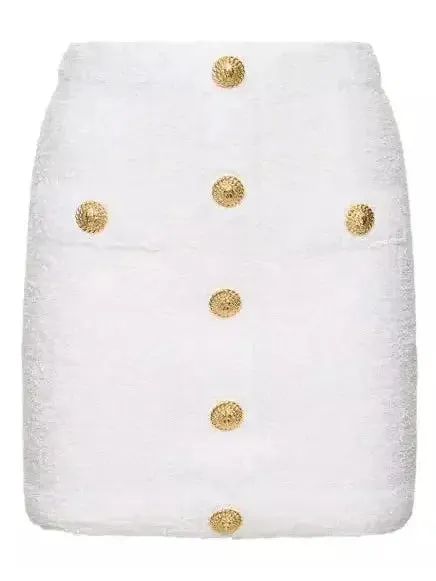 Buttoned White Tweed Mini Skirt