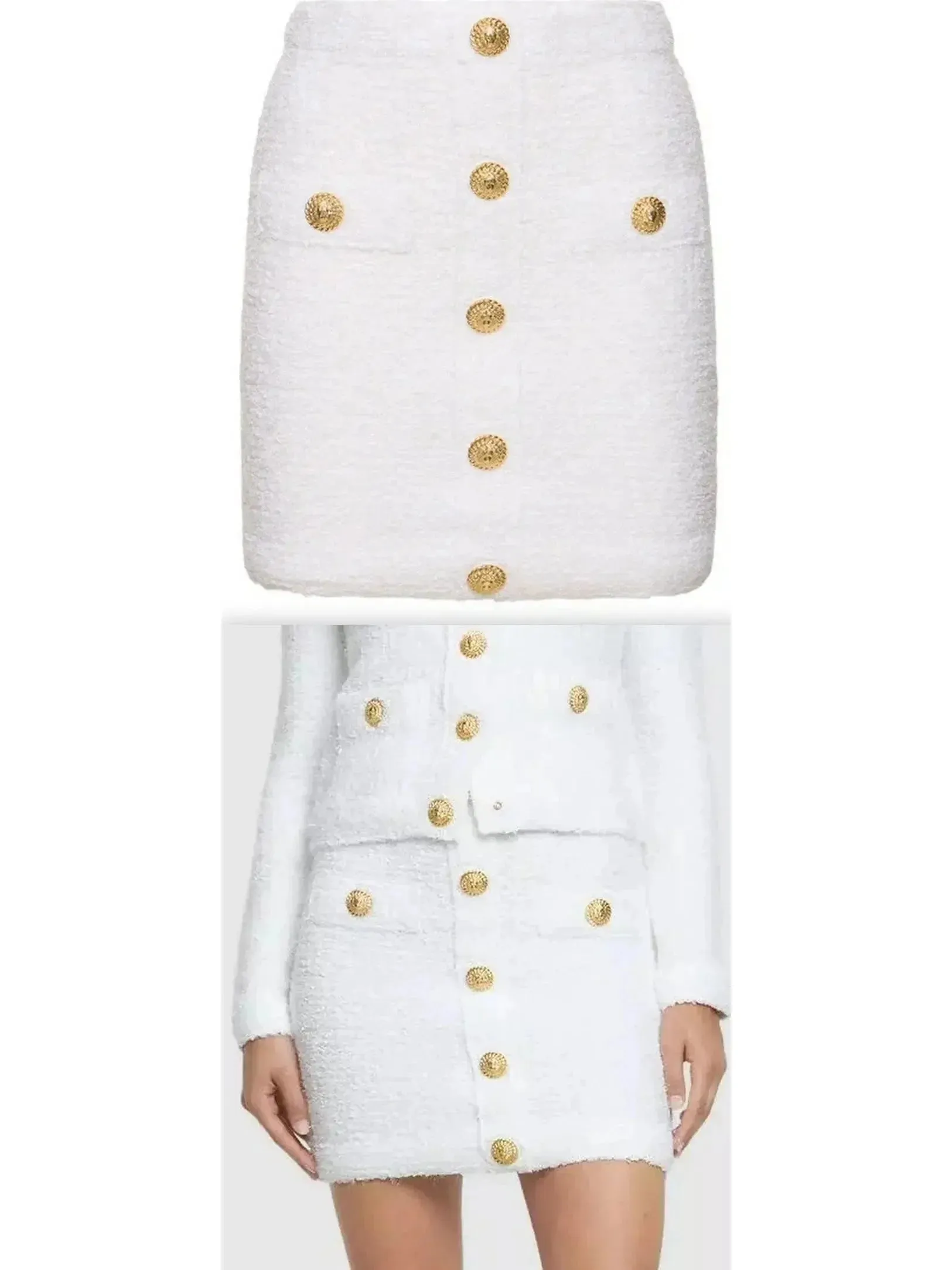 Buttoned White Tweed Mini Skirt