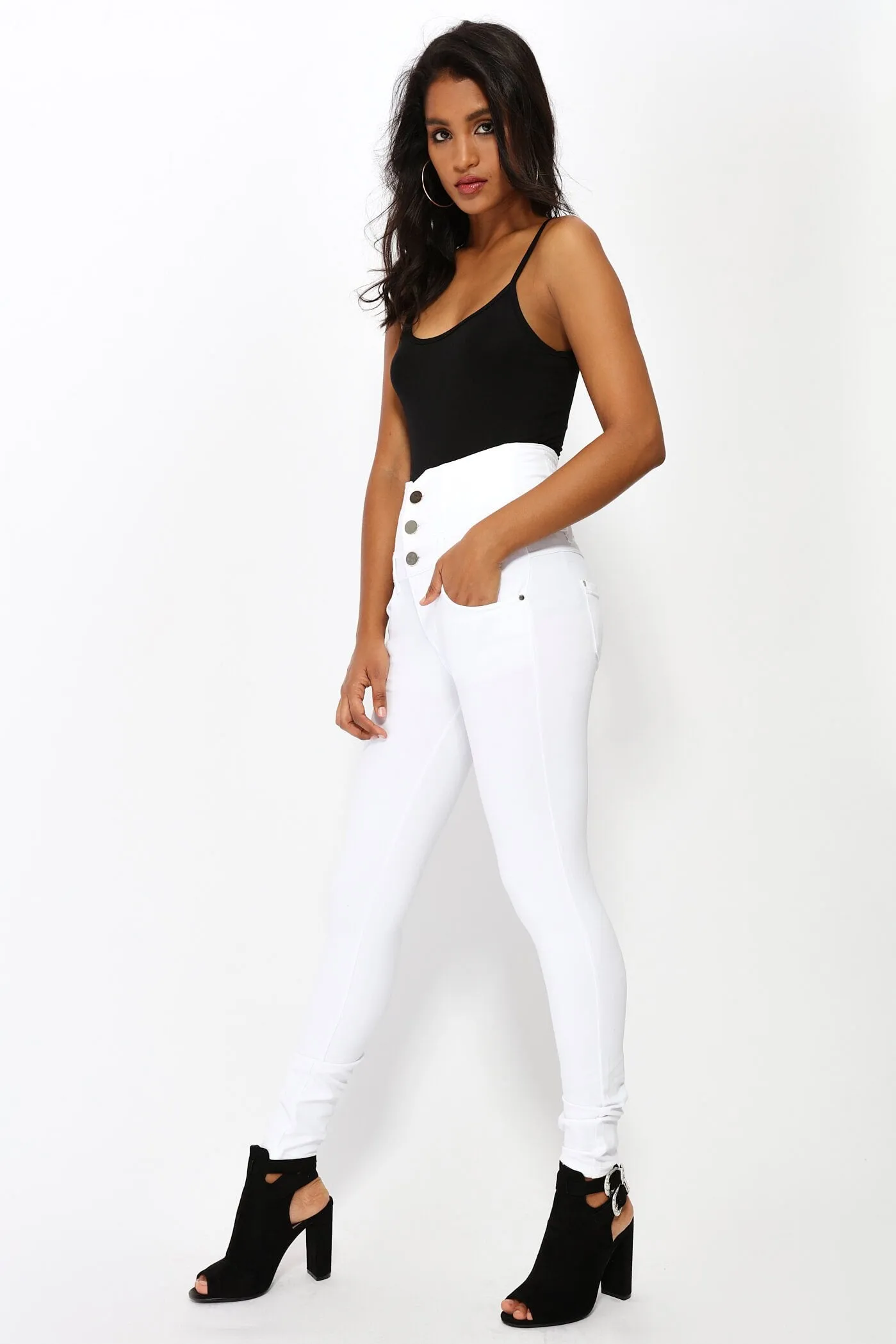 Cream High Waisted Buttoned Skinny Jeans