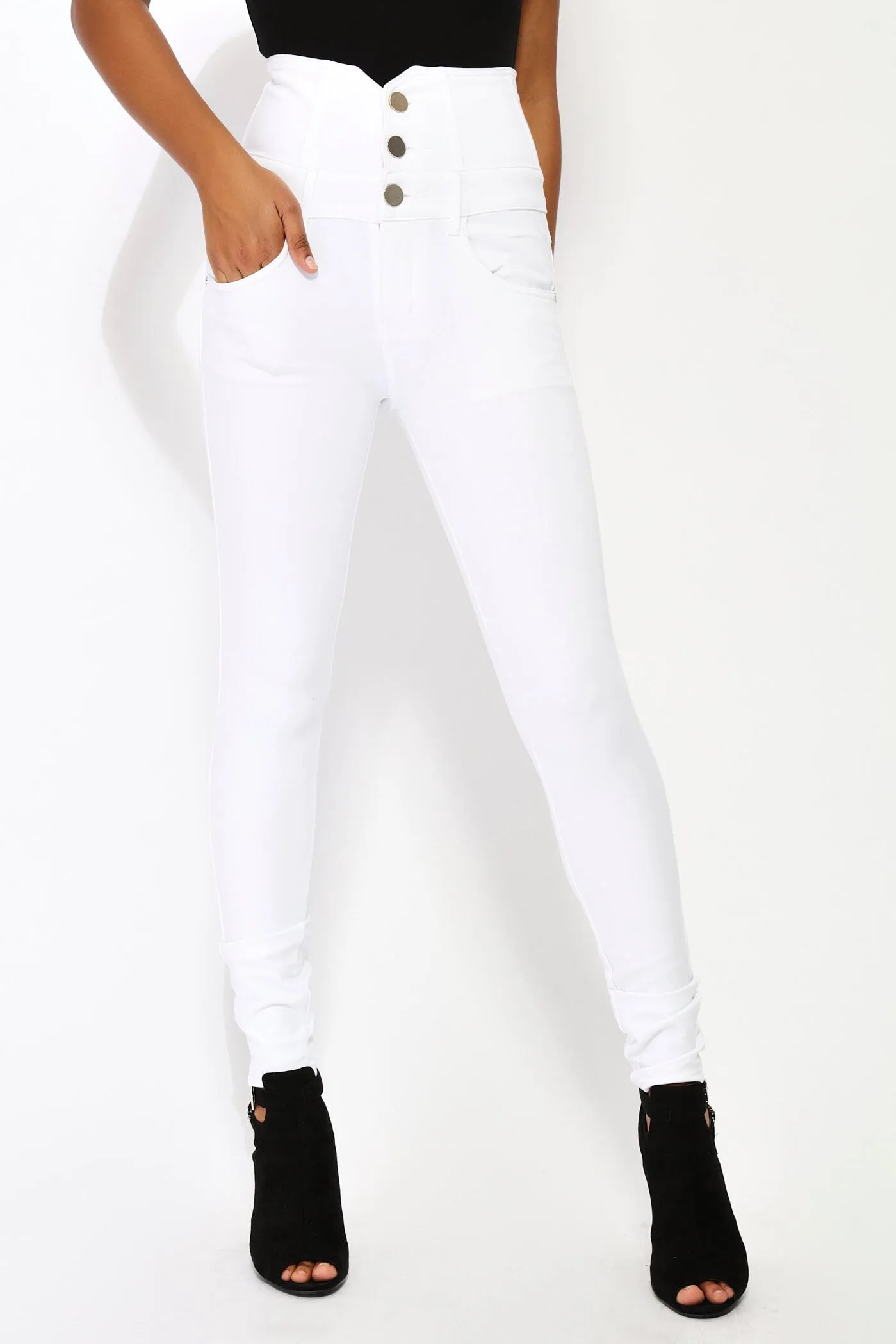 Cream High Waisted Buttoned Skinny Jeans