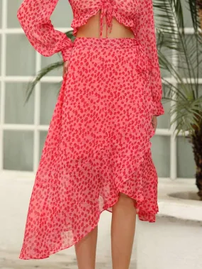 D&M Asymmetrical Hem Ditsy Floral Belted Wrap Skirt