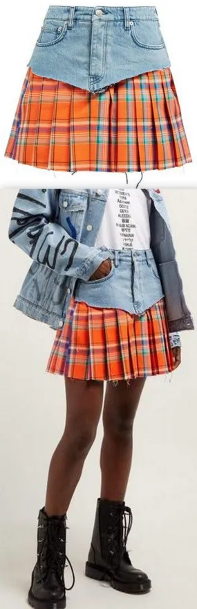 Denim and Tartan Kilt Skirt