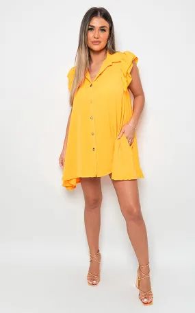 Gold Button Down Ruffle Sleeve Mini Dress