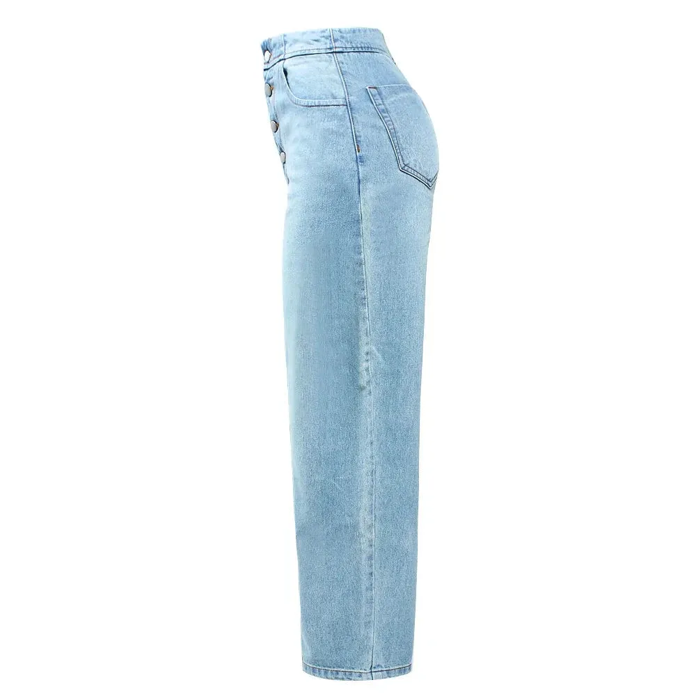 High Waist Wide Leg Jeans With Pockets Women Button Fly Denim Pants