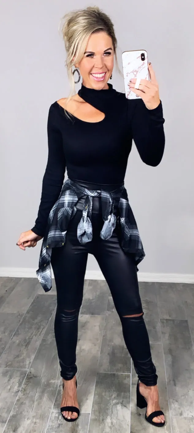 High Waisted Slit Faux Leather Leggings