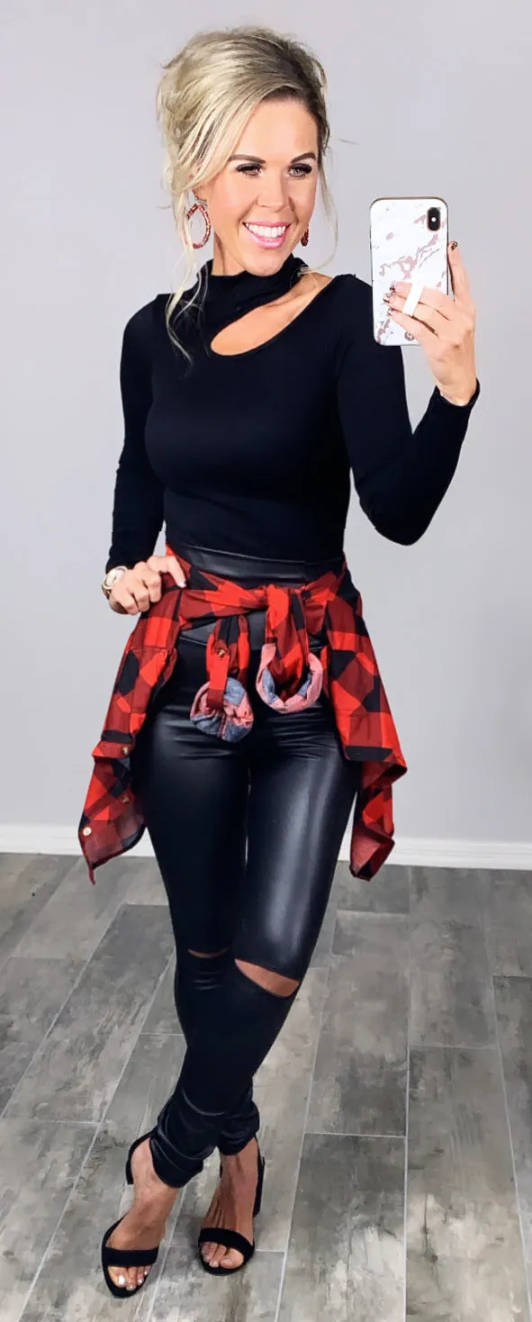 High Waisted Slit Faux Leather Leggings