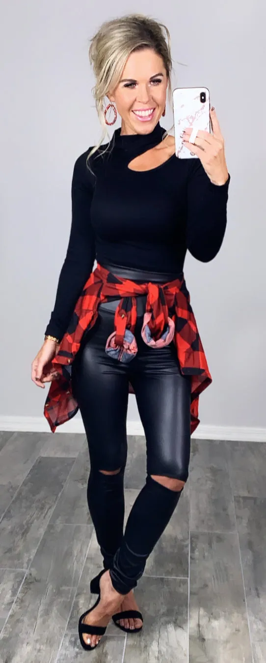 High Waisted Slit Faux Leather Leggings