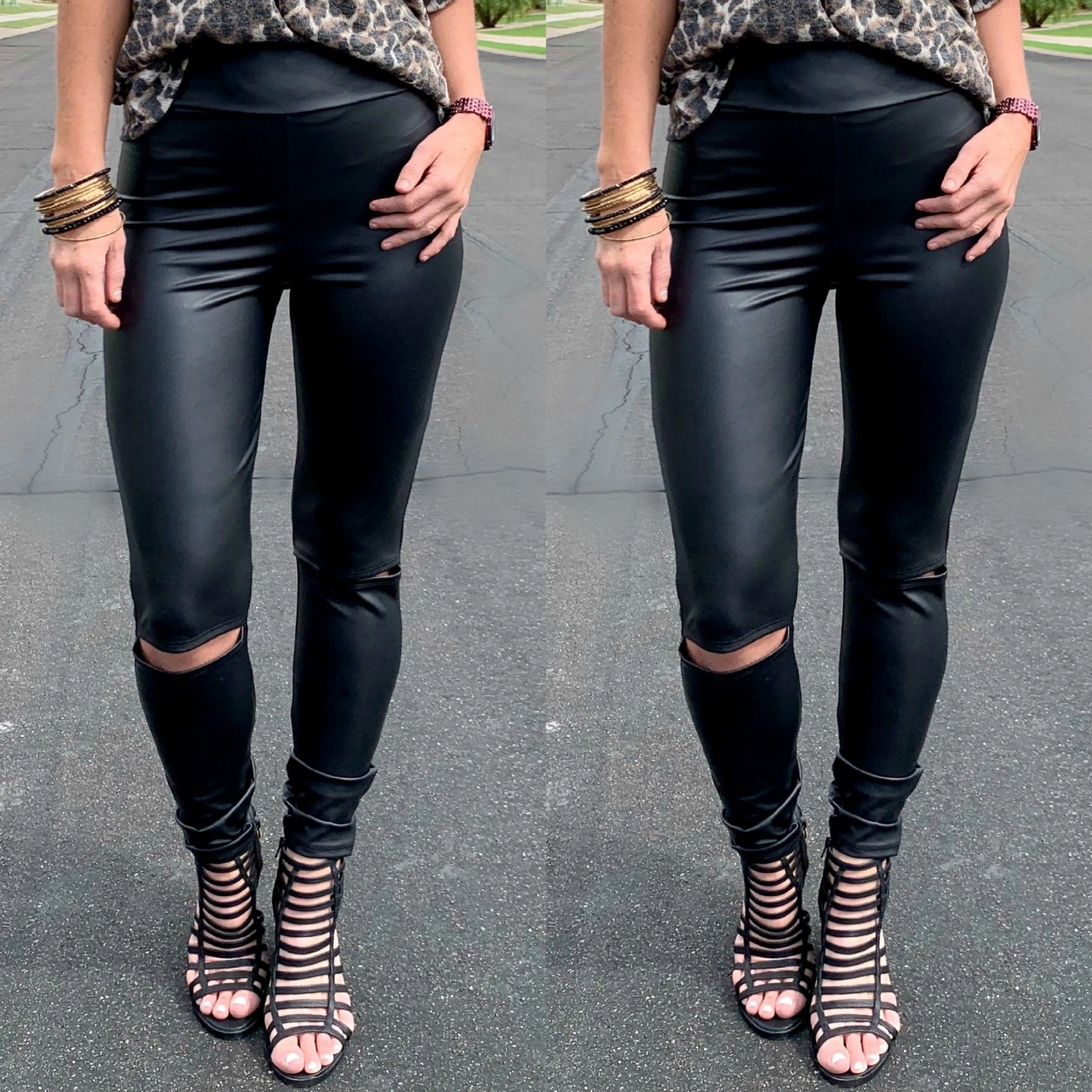 High Waisted Slit Faux Leather Leggings