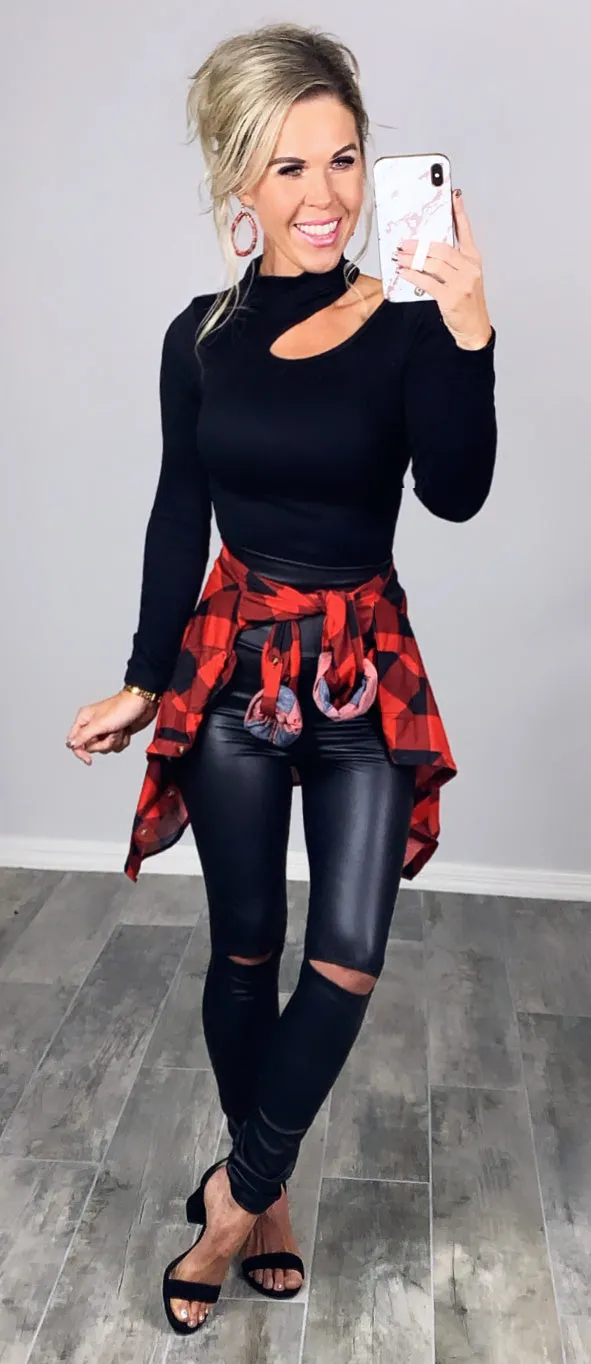 High Waisted Slit Faux Leather Leggings