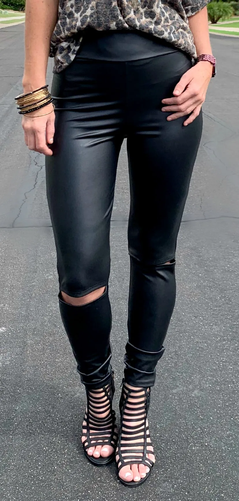 High Waisted Slit Faux Leather Leggings