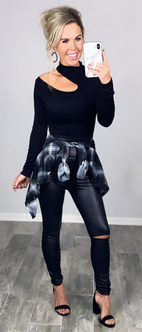 High Waisted Slit Faux Leather Leggings