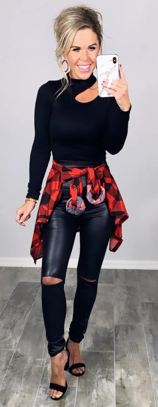 High Waisted Slit Faux Leather Leggings