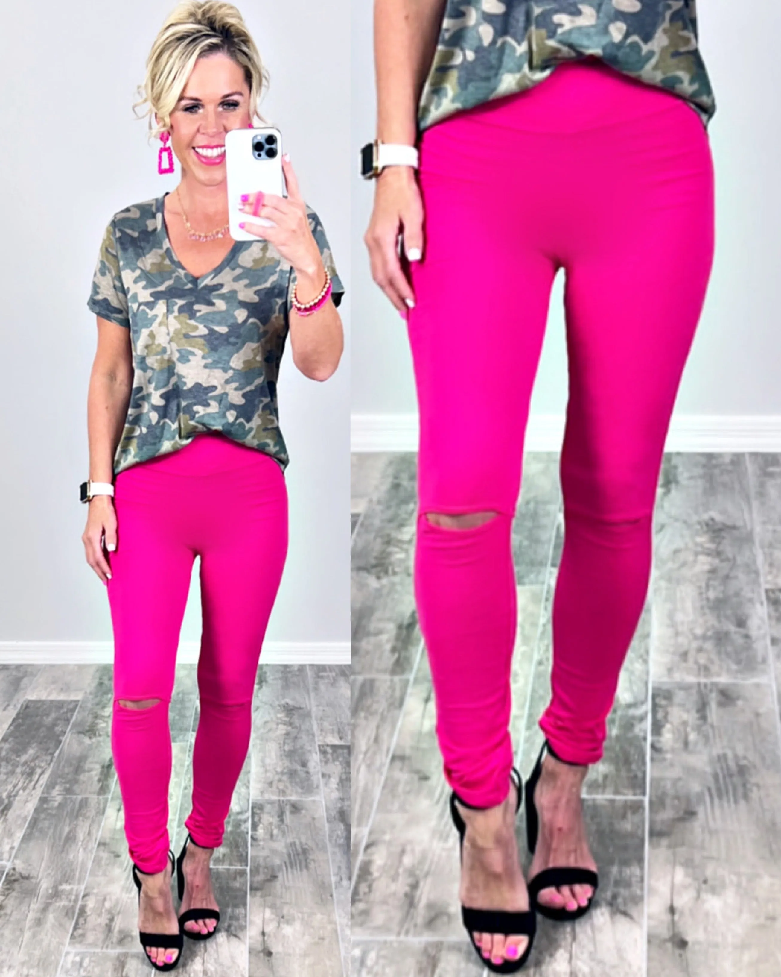 High Waisted Slit Knee Leggings - Pink