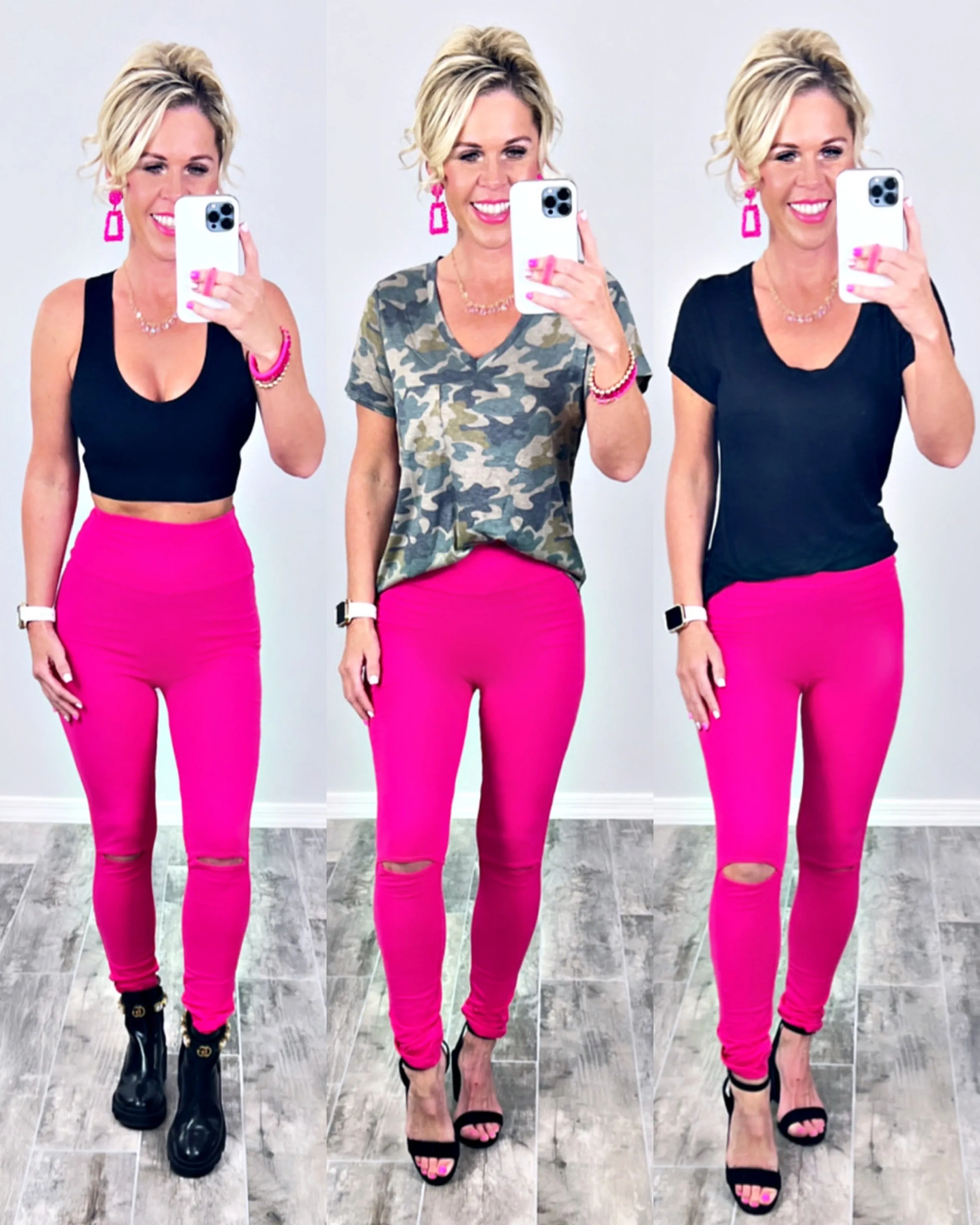 High Waisted Slit Knee Leggings - Pink