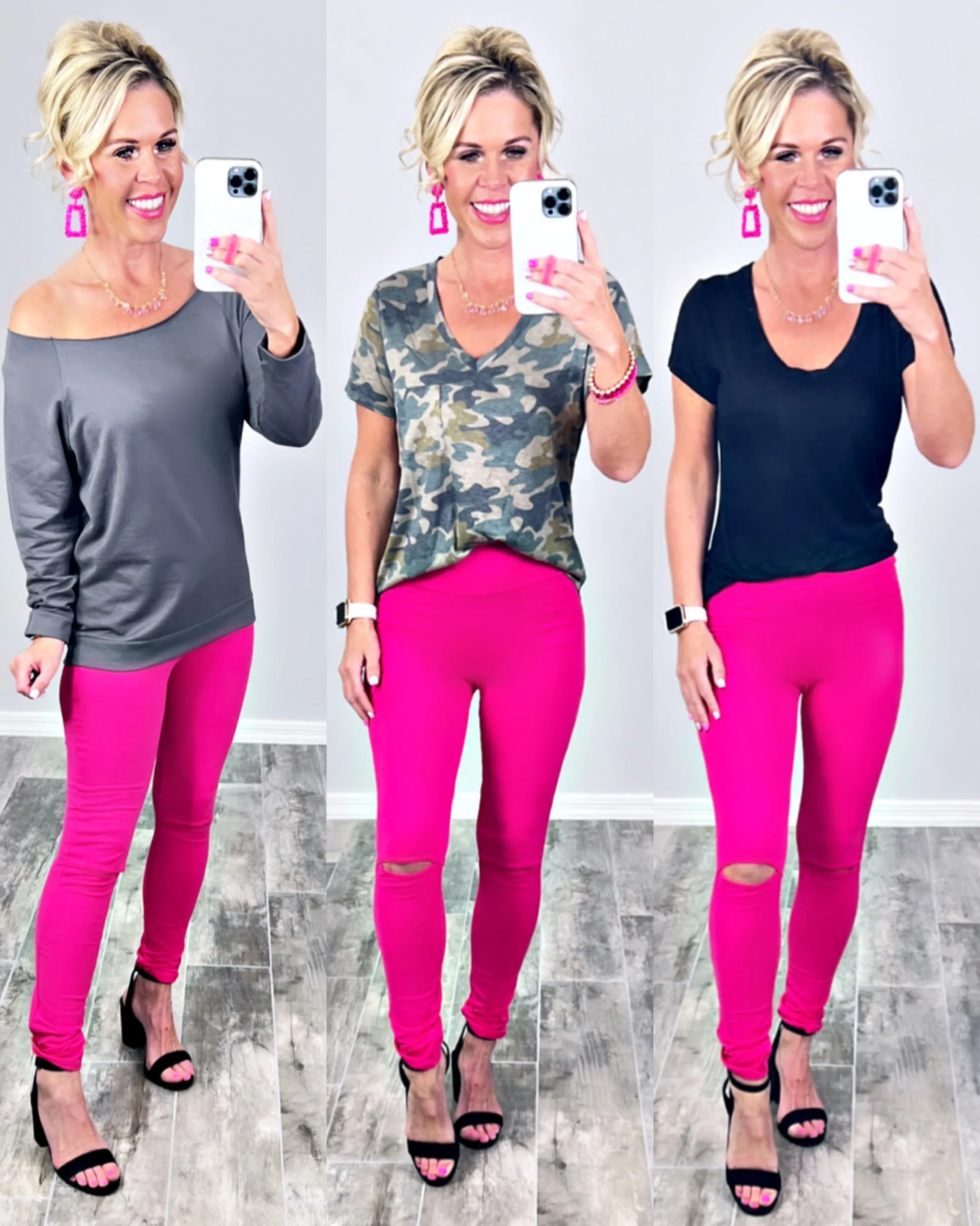 High Waisted Slit Knee Leggings - Pink