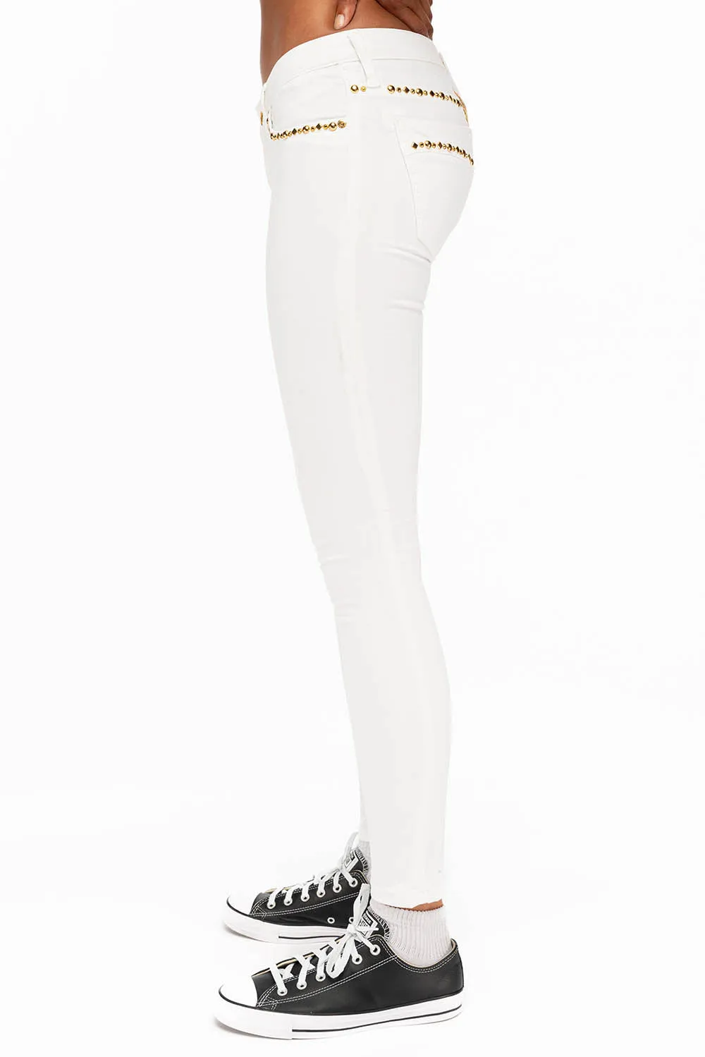 MARILYN WOMENS STUDDED SKINNY JEANS IN WHITE WITH GOLD WINGS AND GOLD STUDS AND CRYSTALS