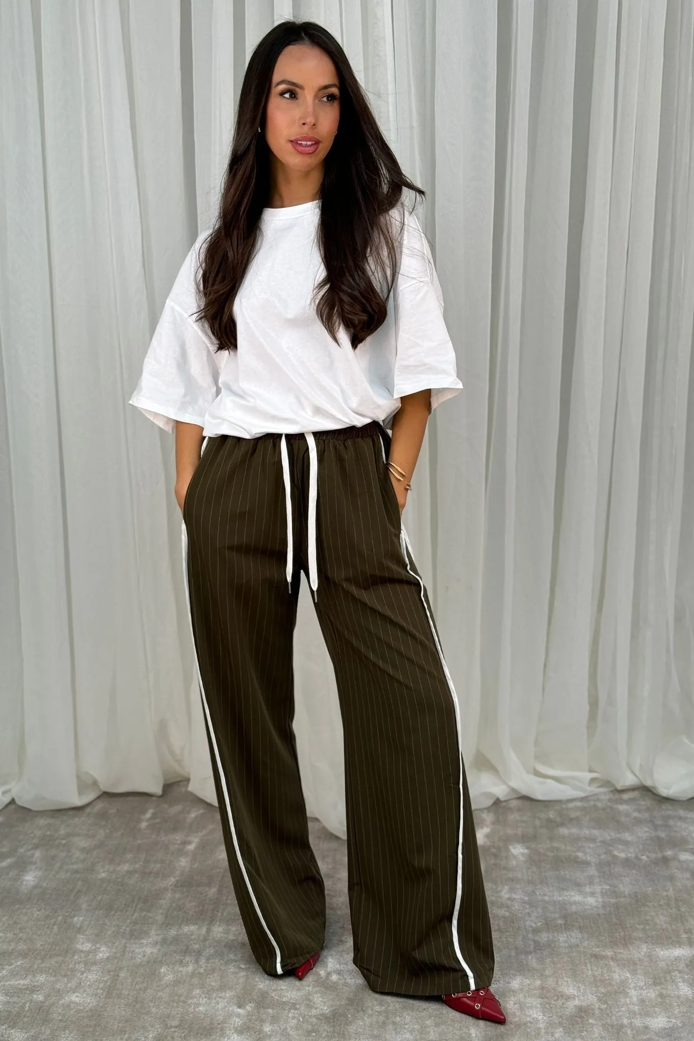 Millie Contrast Stripe Trousers In Khaki