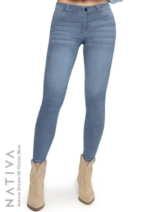 NATIVA, STRETCH JEANS. AURORA DREAM 00 OCEAN BLUE, High Shaping Capacity, Ultra Comfy, 24-Hour Wear, Mid-Waisted Super Skinny Jeans