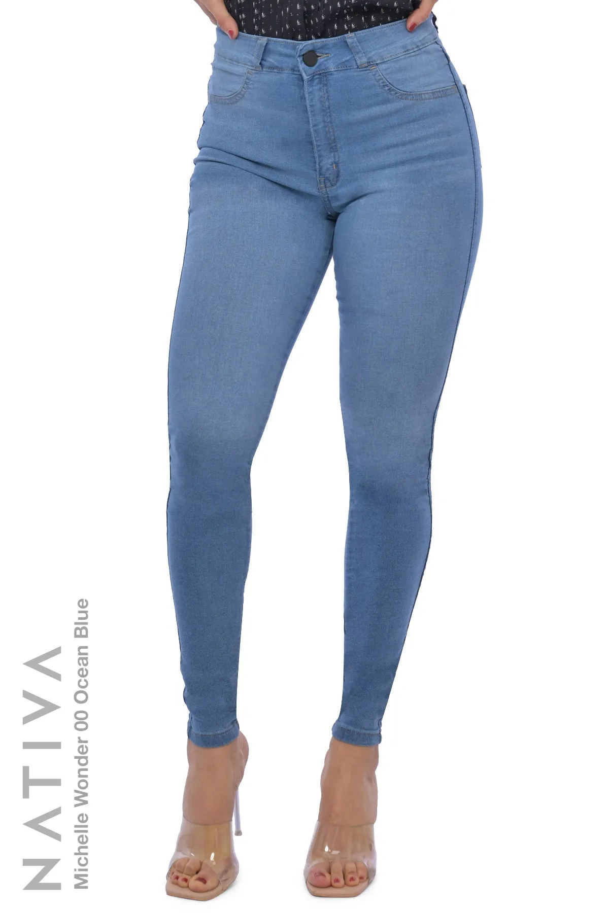 NATIVA, STRETCH JEANS. MICHELLE WONDER 00 OCEAN BLUE, High Shaping Capacity & Firming, Casual Everyday Look, Hi-Rise Super Skinny Jeans