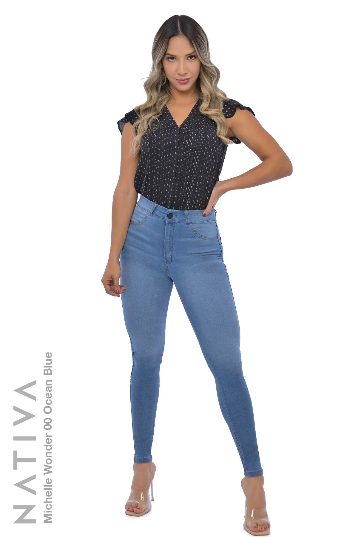 NATIVA, STRETCH JEANS. MICHELLE WONDER 00 OCEAN BLUE, High Shaping Capacity & Firming, Casual Everyday Look, Hi-Rise Super Skinny Jeans