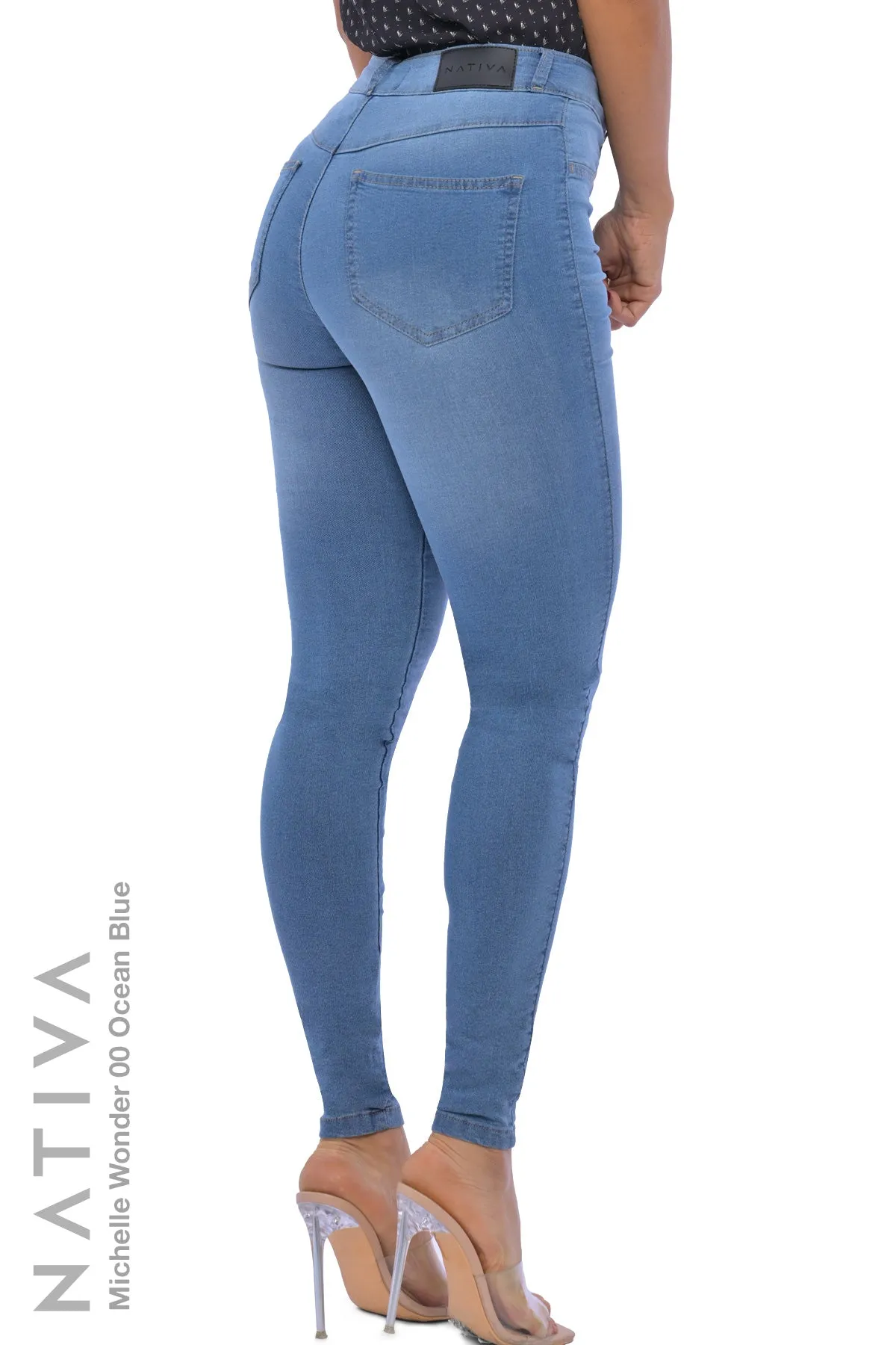 NATIVA, STRETCH JEANS. MICHELLE WONDER 00 OCEAN BLUE, High Shaping Capacity & Firming, Casual Everyday Look, Hi-Rise Super Skinny Jeans