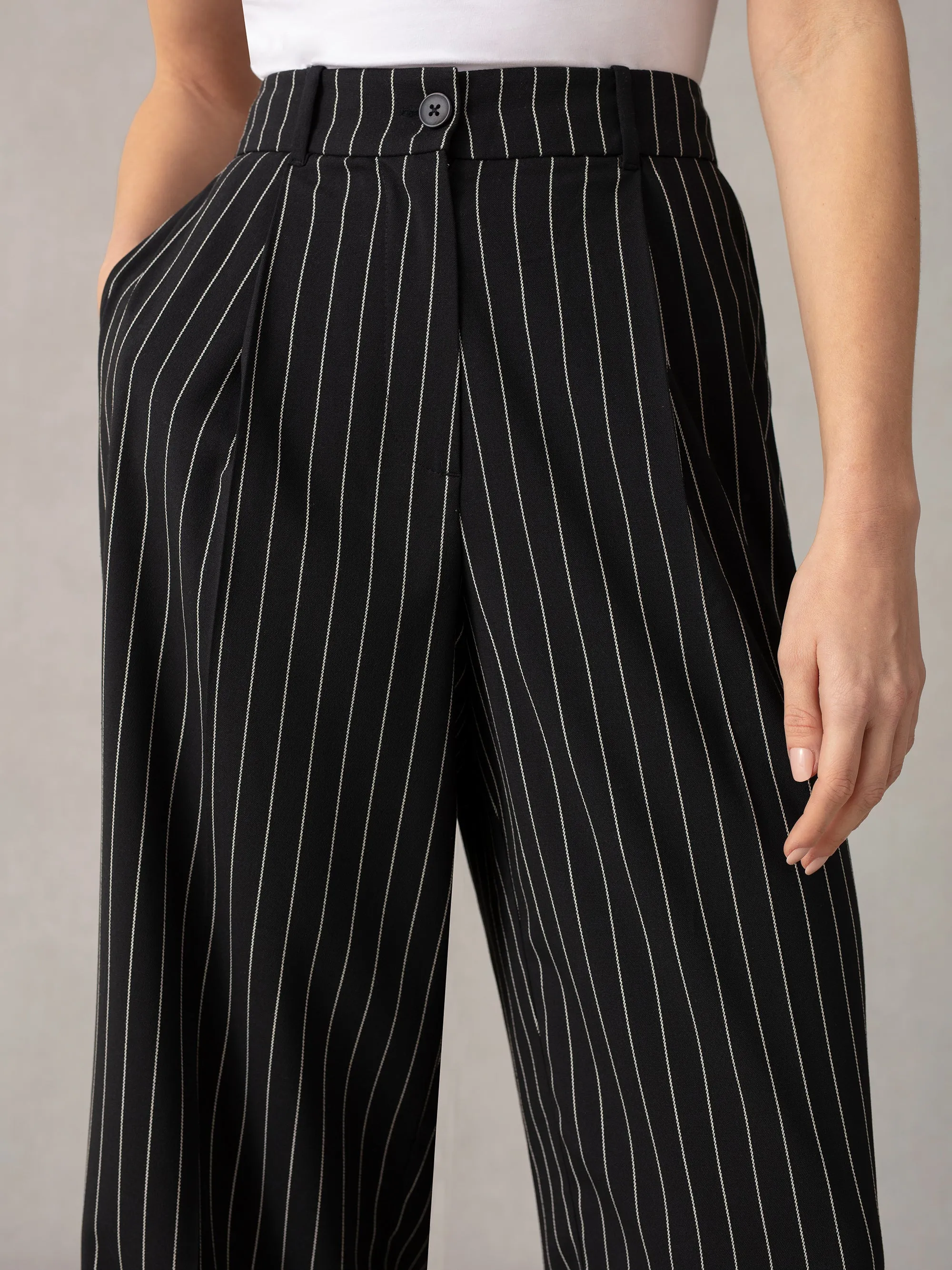 Navy Pinstripe Trousers