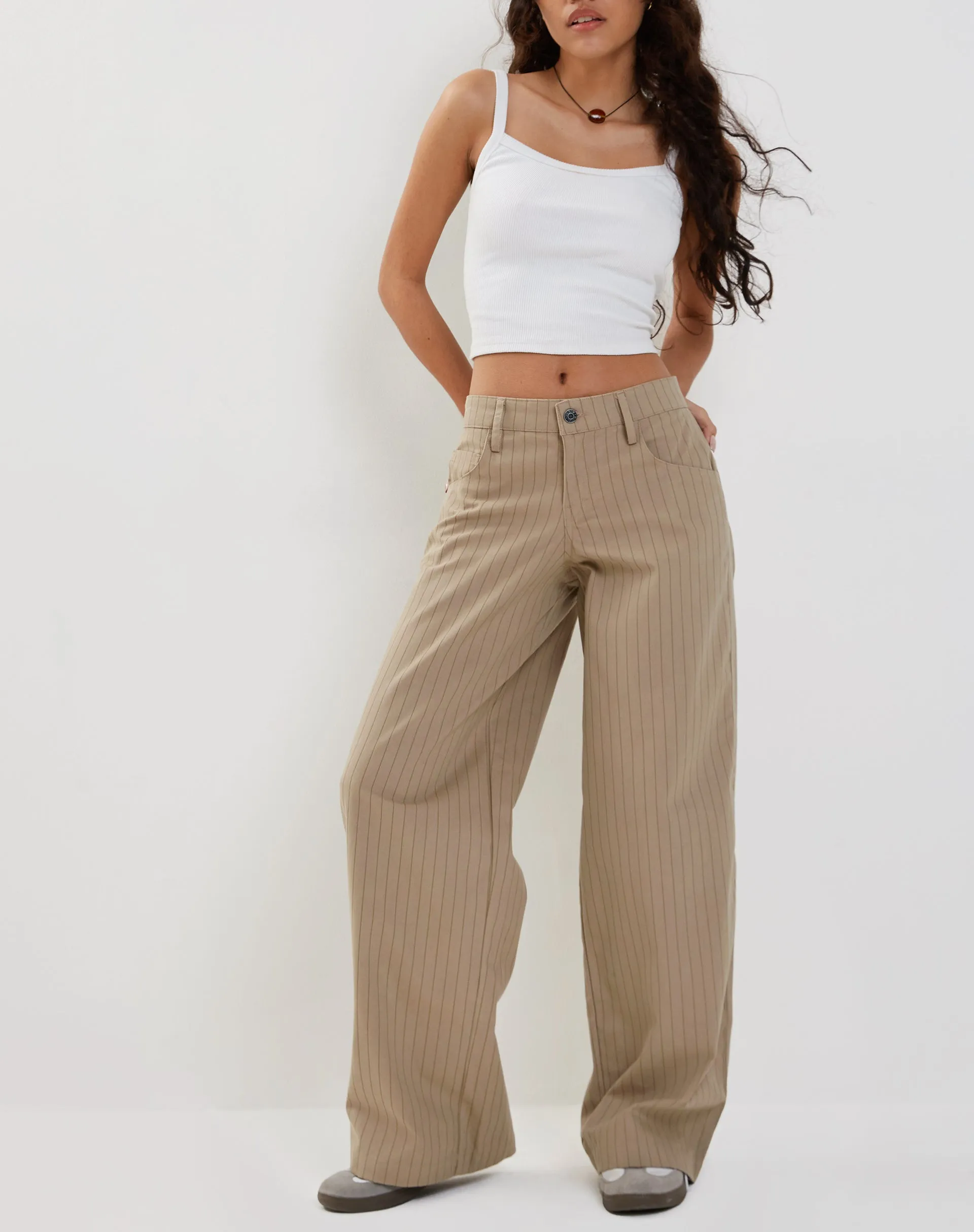 Roomy Low Rise Extra Wide Trousers in Pinstripe Stone