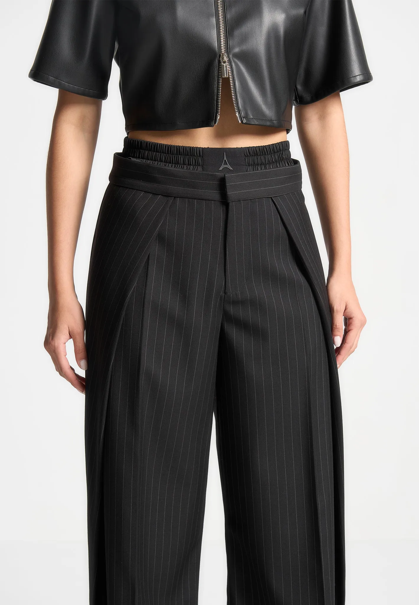 Satin Waistband Pinstripe Trousers - Black