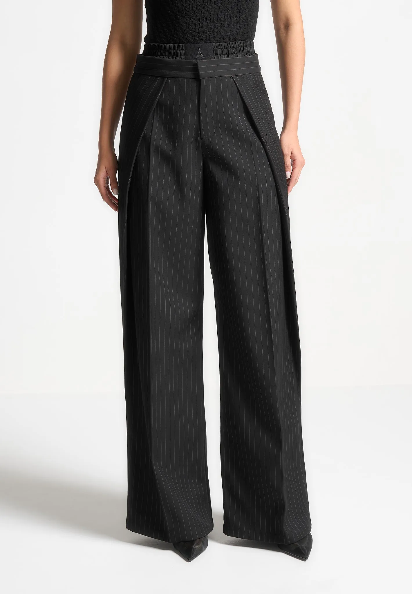 Satin Waistband Pinstripe Trousers - Black