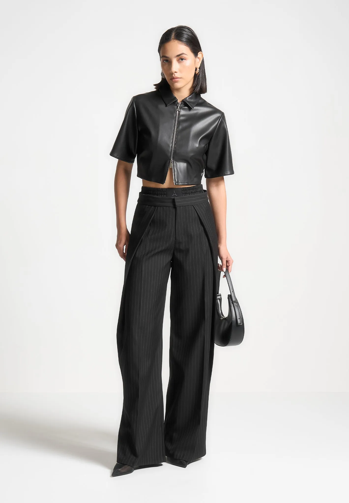 Satin Waistband Pinstripe Trousers - Black