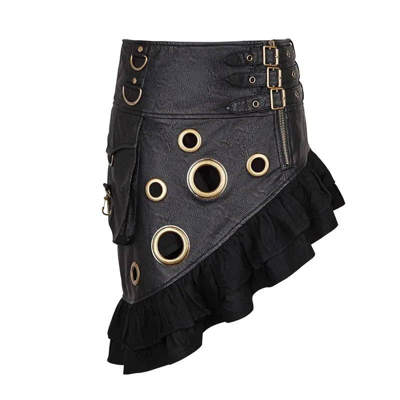 Steam Rock Party PU Flounce Symmetrical Vintage Length Leather Kilt Texture Knee Coarse-grain Skirt