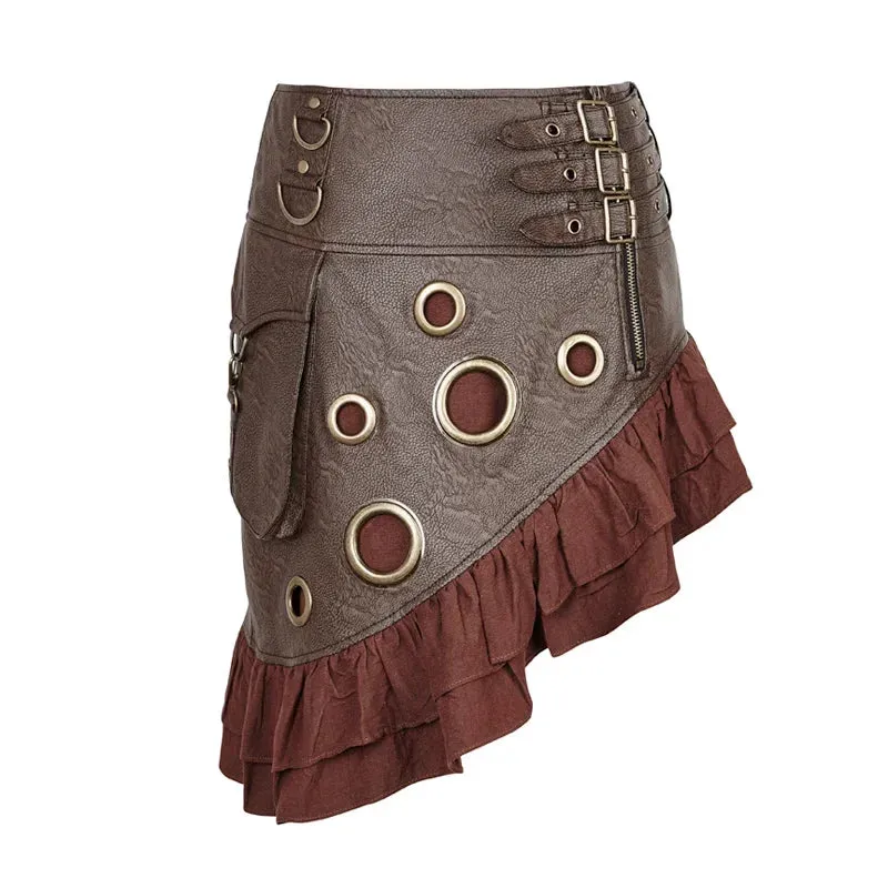 Steam Rock Party PU Flounce Symmetrical Vintage Length Leather Kilt Texture Knee Coarse-grain Skirt